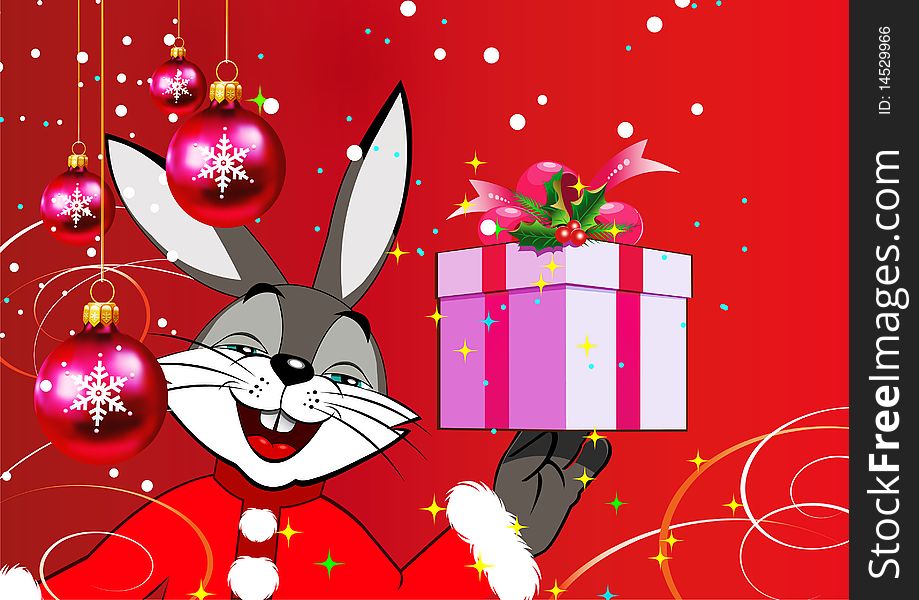 Year rabbit. Christmas rabbit with the gift of