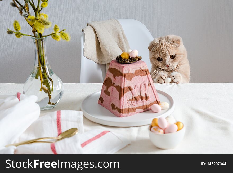 Cute Cat With Easter Egg At Festive Served Table. Easter Card. Traditional Easter Food. Copy Space