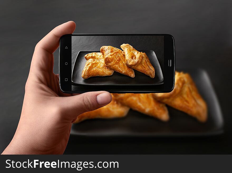 Hands Of A Man Takes Photos Of Food On The Table With The Phone. Fresh Buns With Vegetable Filling. Wheat Bread Filling On A Dark