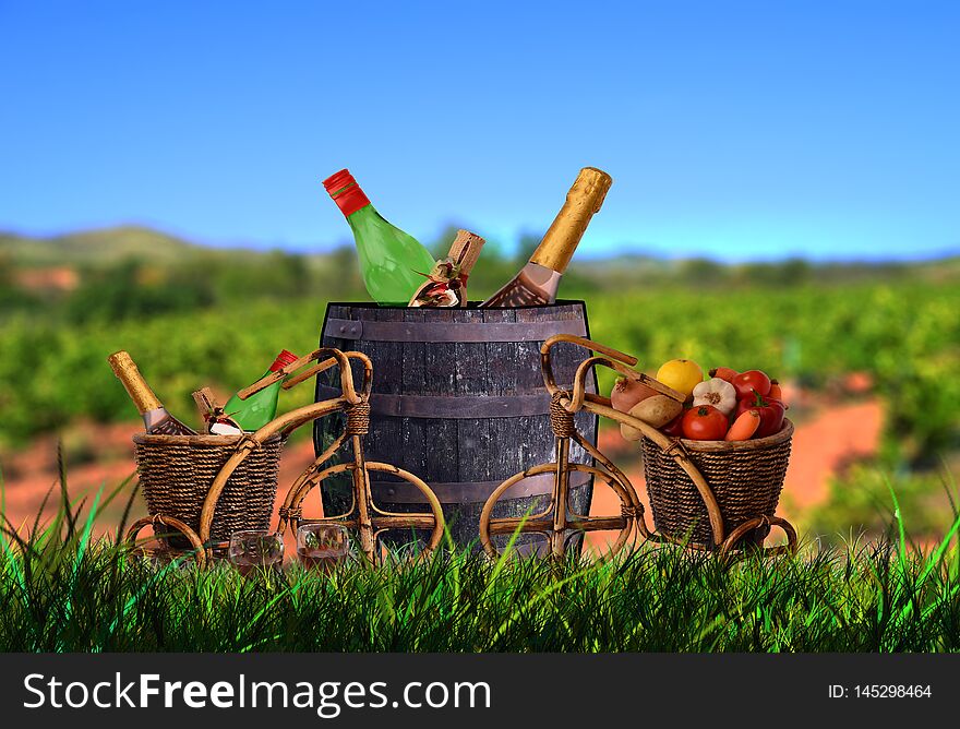 Barrel And Trolleys Full Of Wine And Champagne