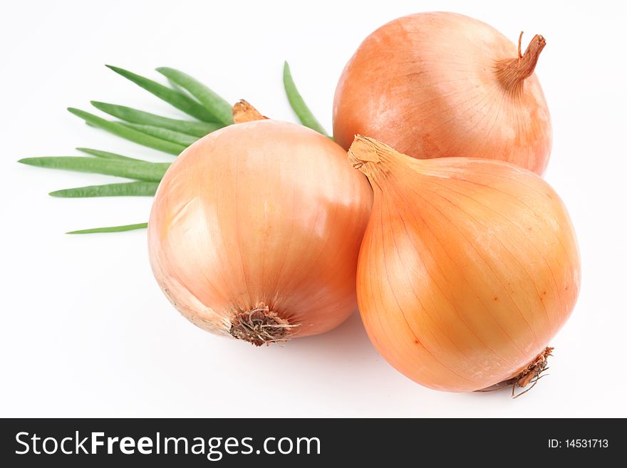 Fresh bulbs of onion on a white background