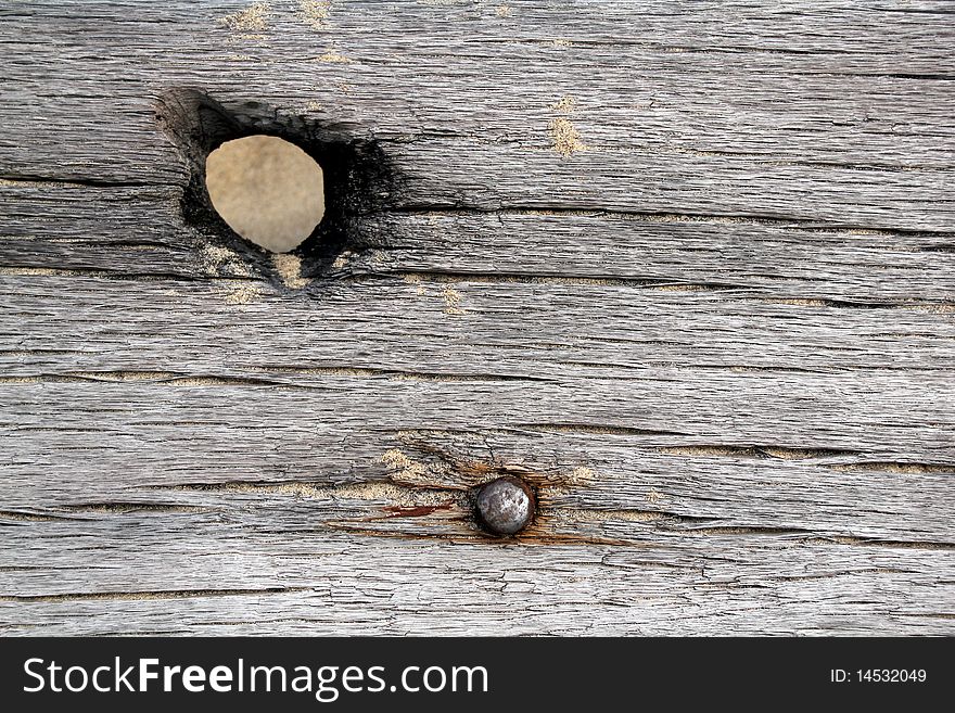 Detail of weathered lumber on beach. Knot hole and nail. Detail of weathered lumber on beach. Knot hole and nail.