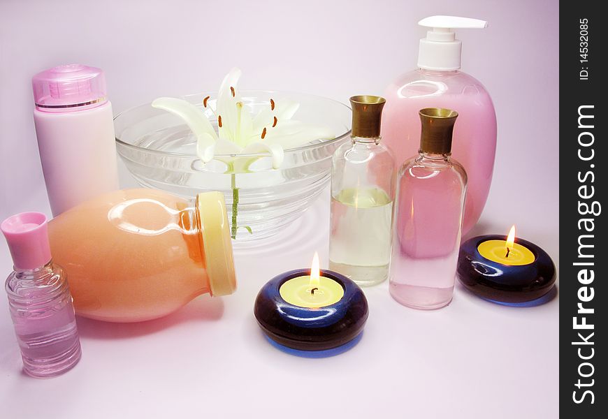 Spa hair mask creme liquid soap candles essences and white lily. Spa hair mask creme liquid soap candles essences and white lily