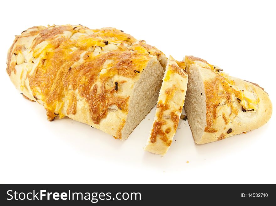 Sliced Cheese and Onion Bread, isolated on a white background. Sliced Cheese and Onion Bread, isolated on a white background