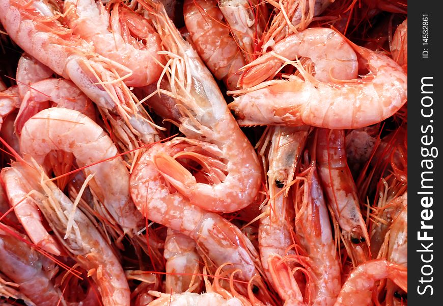 Fresh shrimps closeup background at the local market