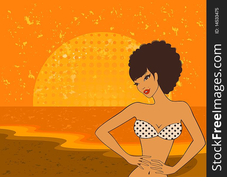 Beautiful girl on a summer beach. illustration in retro style