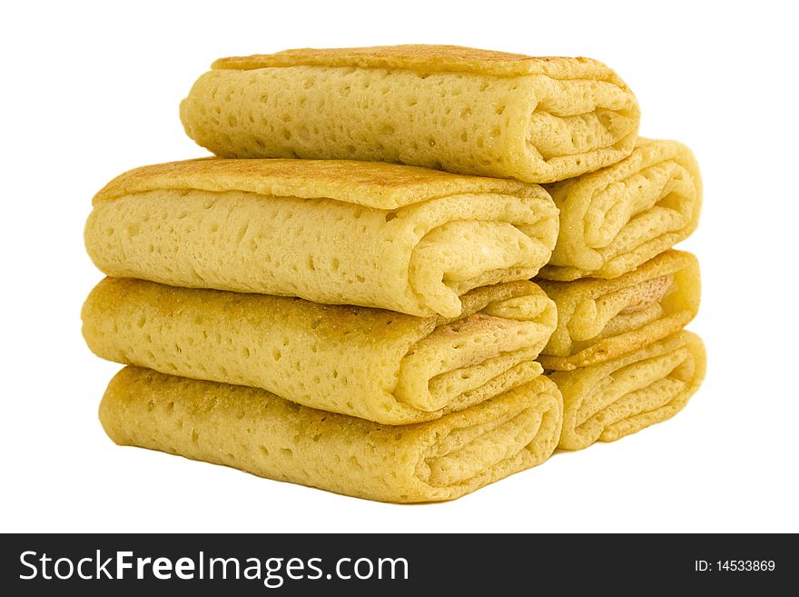 Stuffed pancakes on white background