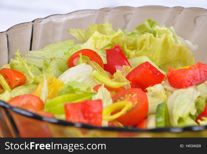 Bowl of delicious vegetable salad with tomatoes, lettuce, cucumber, onion and so on. Bowl of delicious vegetable salad with tomatoes, lettuce, cucumber, onion and so on