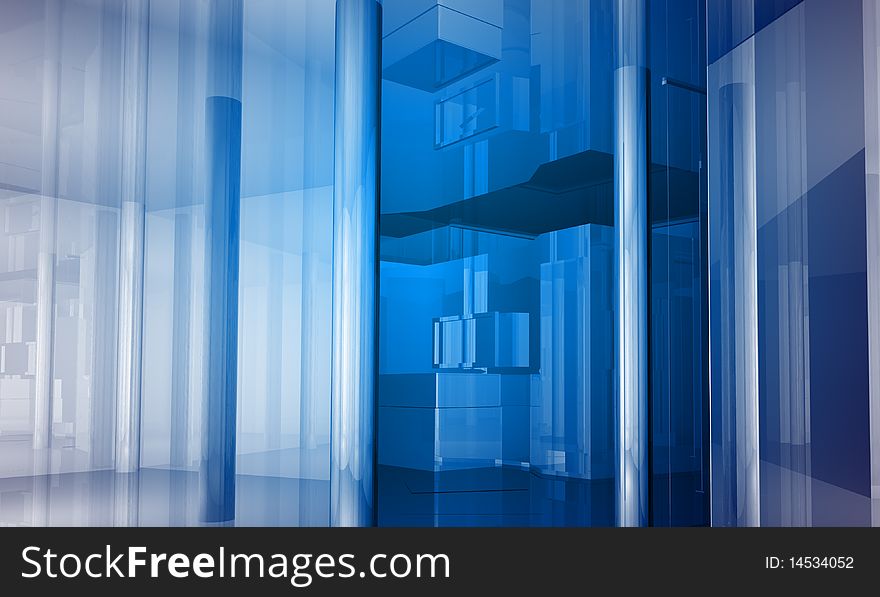 Indoor building. Office space with blue light effects