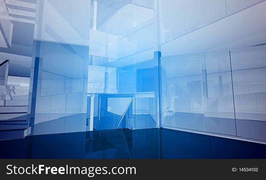 Indoor building. Office space with blue light effects