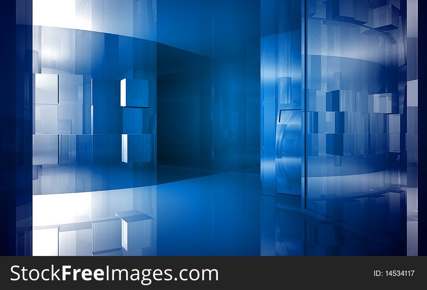 Indoor building. Office space with blue light effects