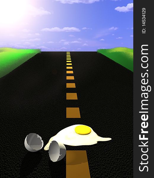 3d illustration of an egg frying on the asphalt on a very hot day. 3d illustration of an egg frying on the asphalt on a very hot day