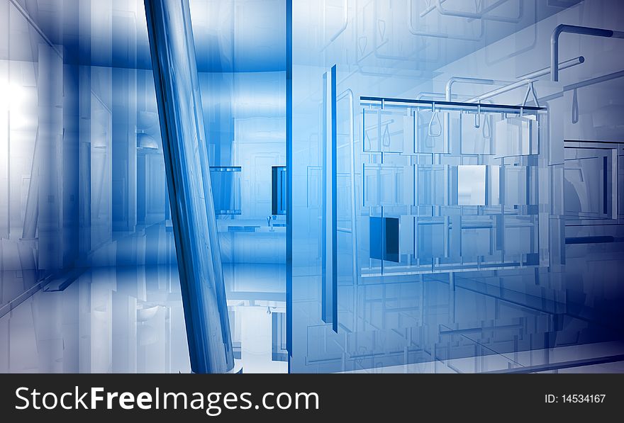 Indoor building. Office space with blue light effects