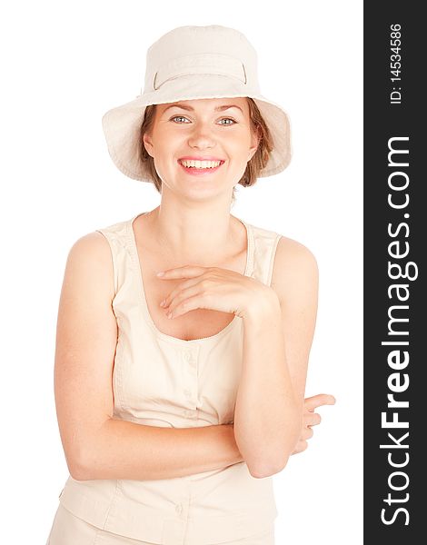 Laughing young woman in hat isolated on white