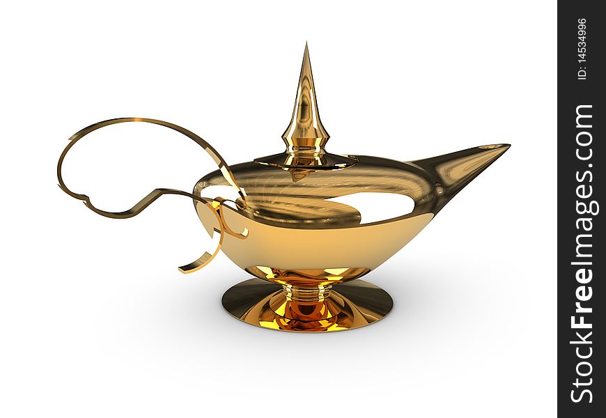 Golden Alladin lamp isolated rendering.