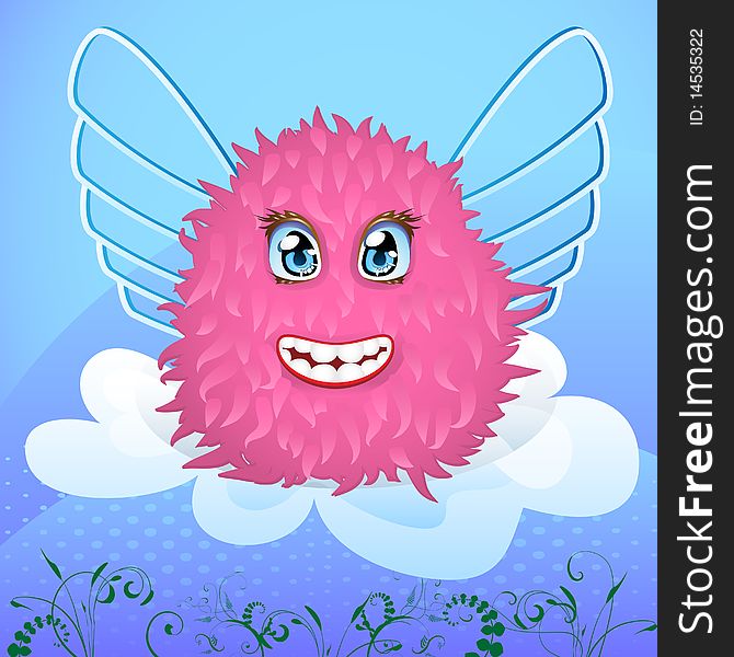 Smiling creature with wings on a cloud. Smiling creature with wings on a cloud