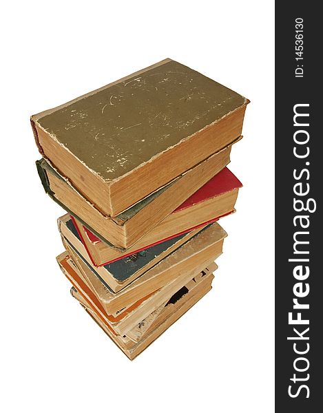 Pile of old books on isolated white background