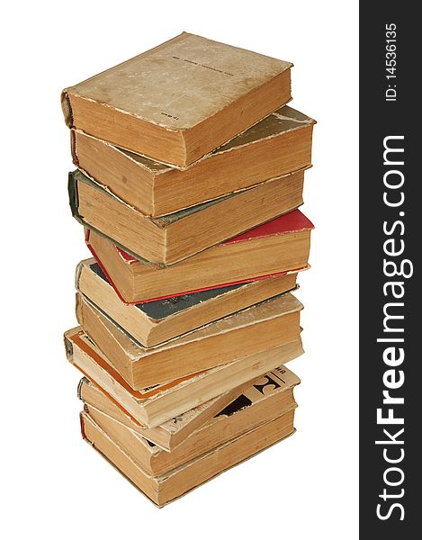 Pile of old books on isolated white background