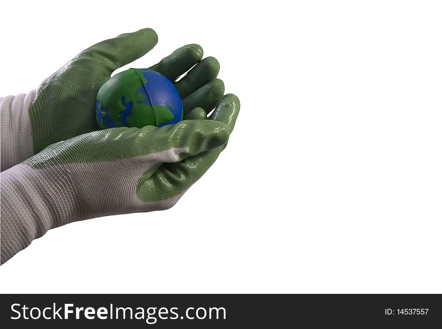 Environmental protection concept picture; two hands gloved in green holding the Earth globe; work path.