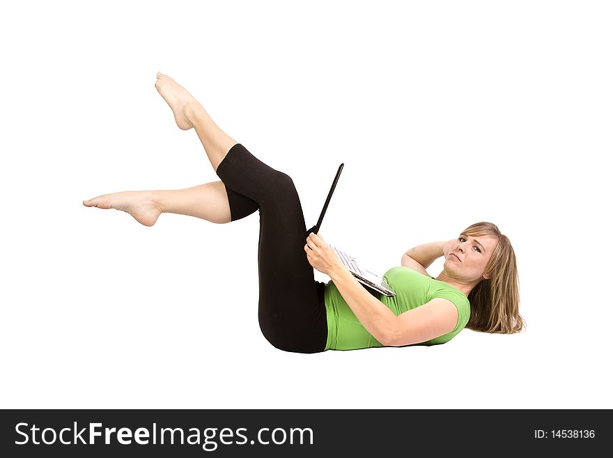 Woman on back with laptop toes up