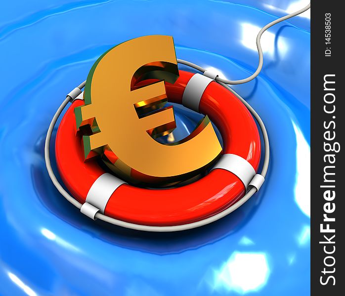 3d illustration of euro sign in rescue circle on water. 3d illustration of euro sign in rescue circle on water