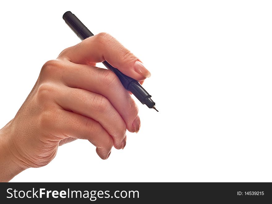 Woman's hand with black pen isolated on white. Woman's hand with black pen isolated on white