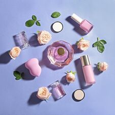 Flat Lay Composition With Bottles Of Perfume, Cosmetics And Roses Royalty Free Stock Photos Flat Lay Composition With Bottles Of Perfume, Cosmetics And Roses Royalty Free Stock Photos