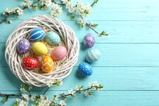 Flat Lay Composition With Painted Easter Eggs And Blossoming Branches On Wooden Background. Royalty Free Stock Photos Flat Lay Composition With Painted Easter Eggs And Blossoming Branches On Wooden Background. Royalty Free Stock Photos
