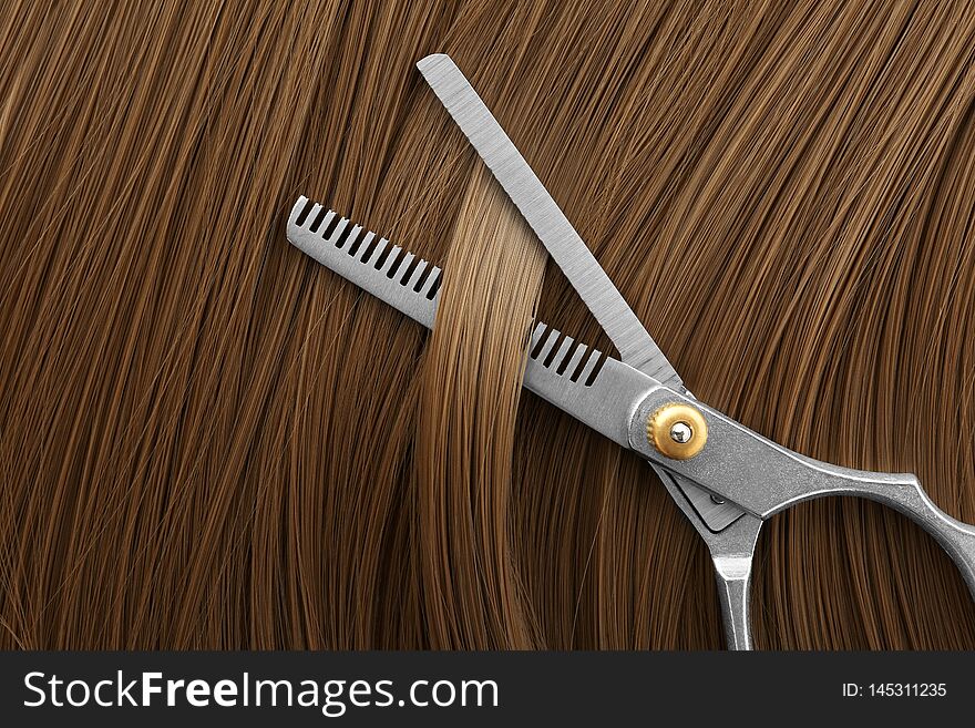 Thinning scissors on light brown hair. Hairdresser service