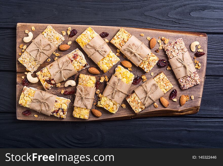 Healthy homemade snacks breakfast . Granola bars . Food vegan energy background