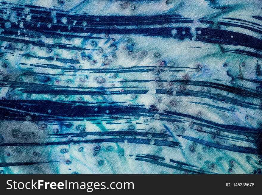 Abstraction, turquoise and violet, hot batik, background texture, handmade on silk