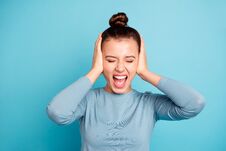 Free Close-up Portrait Of Her She Nice-looking Attractive Lovely Winsome Mad Depressed Girl Shouting Loudly Closing Ears Stock Photos - 145393653