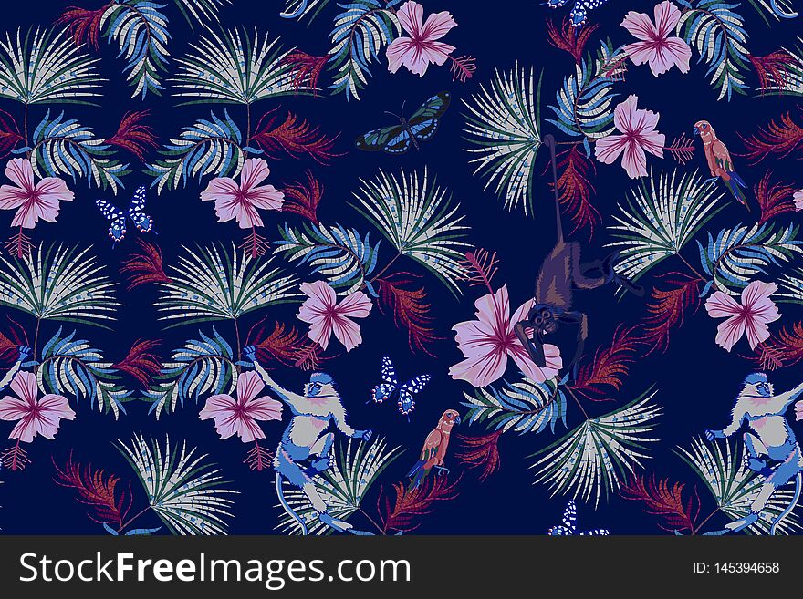 Tropical night seamless pattern with flowers, monkey and parrots. Vector floral patch for print.