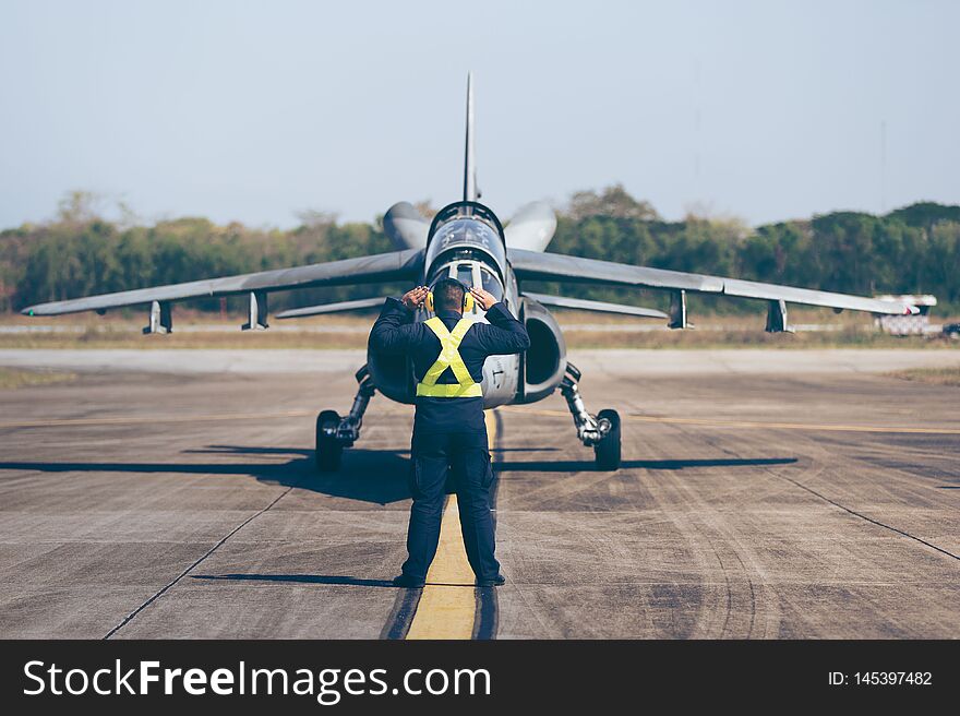 Aircraft Director Alpha Jet  onto a Udon Thani Airport Thailand