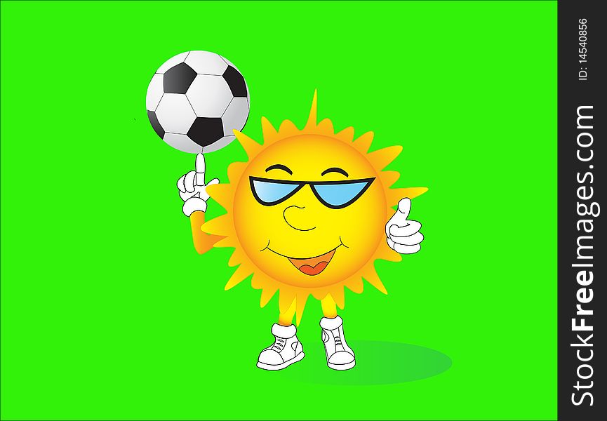 Smiling sun with soccer ball over green background
