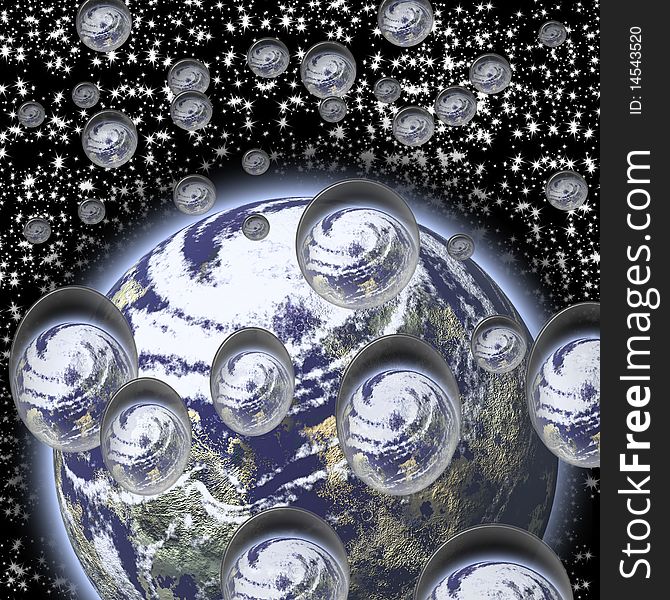 This image depicts a few drops of water falling on the Earth from space. This image depicts a few drops of water falling on the Earth from space