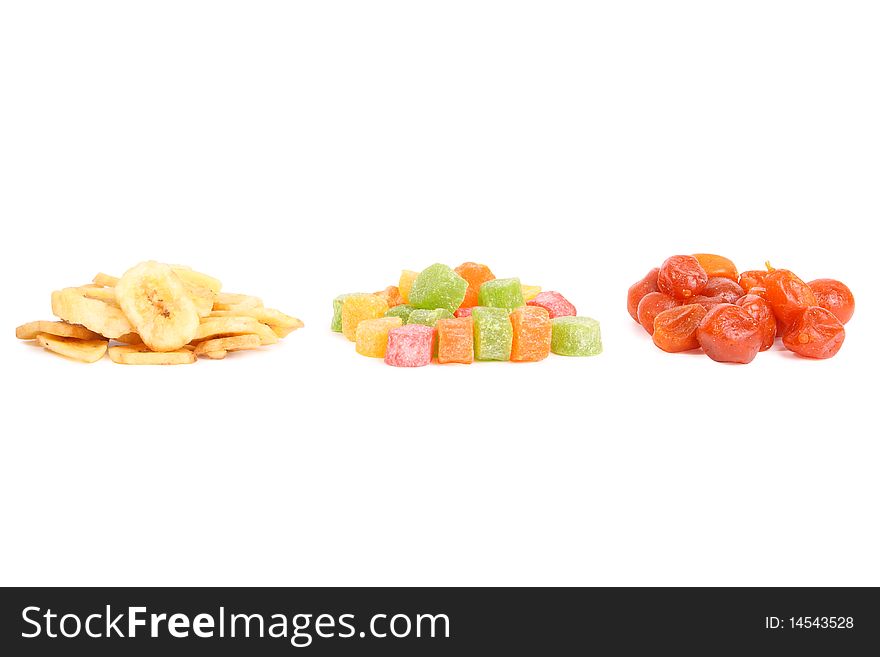 Kumquat, pineapple and bananas on white background (isolated, clipping path)