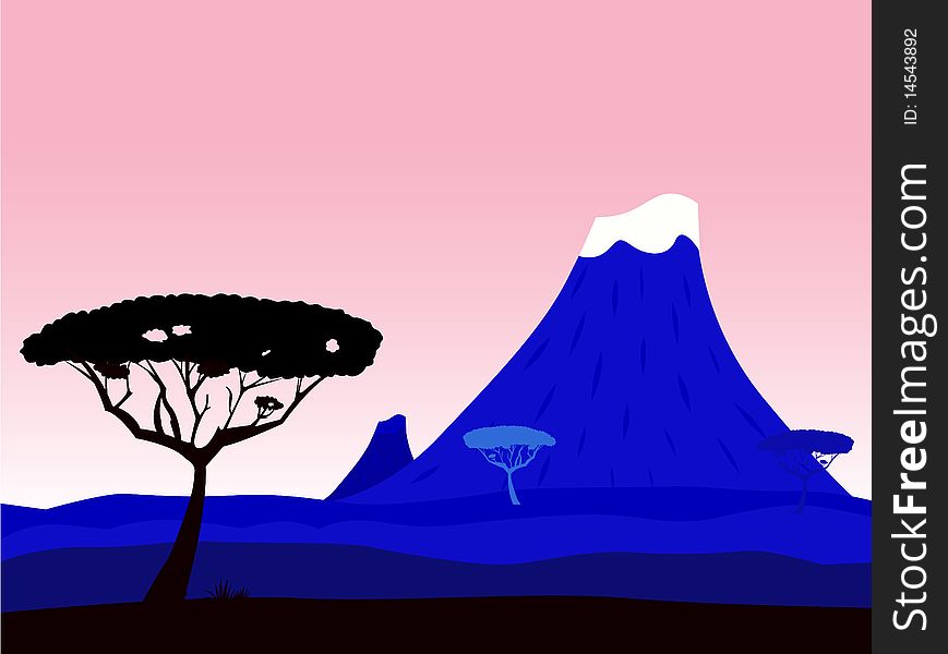 Dark blue african background. Volcano crater, trees silhouette and pink tranquil sky behind. Dark blue african background. Volcano crater, trees silhouette and pink tranquil sky behind