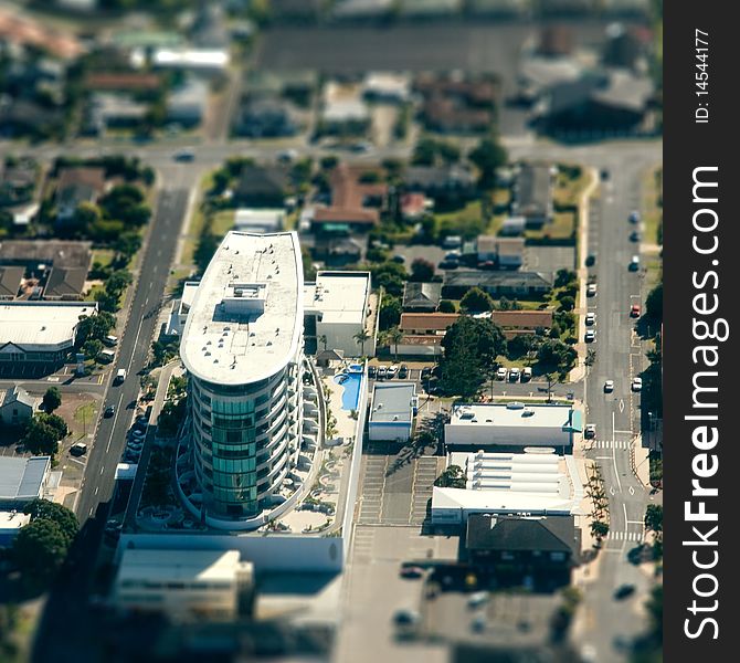 Top view of townscape, New Zealand: buildings, roads, cars, streets