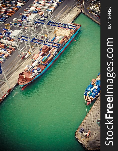 Containership in the port, aerial