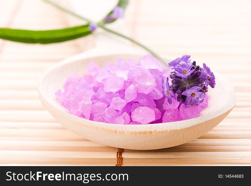 Lavender bath items. salt, and fresh flower