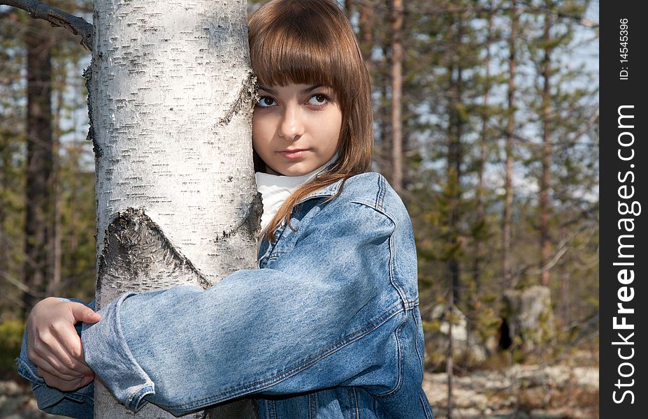 Young Beautiful Girl And Birch