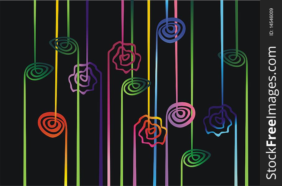 Branches and roses on a dark background.Illusration. Branches and roses on a dark background.Illusration