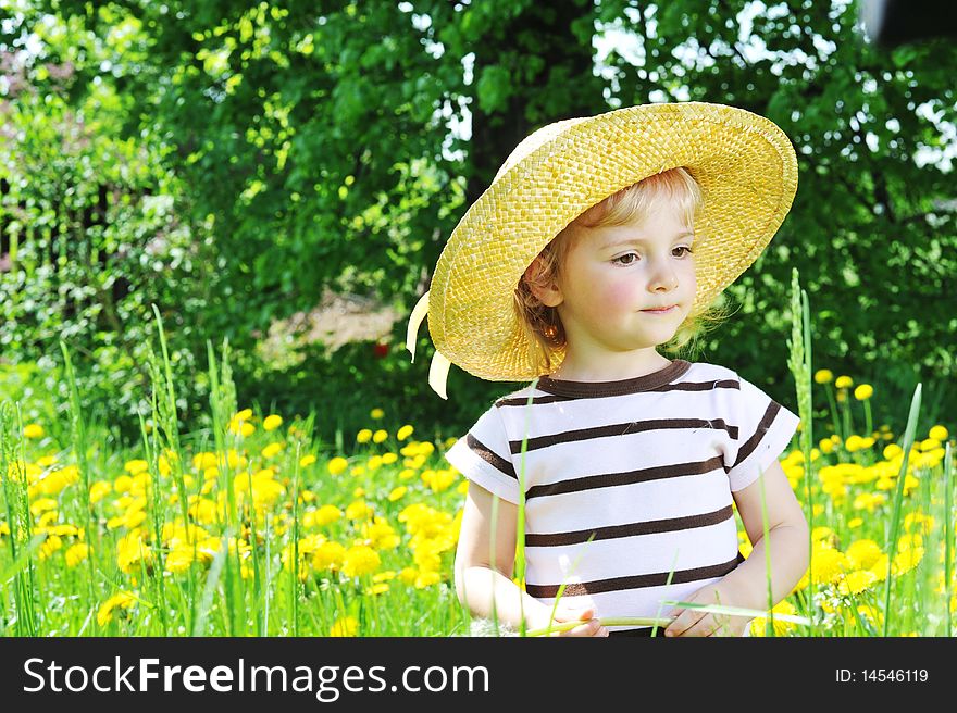 Little girl in straw hat walks on blossoming field. Little girl in straw hat walks on blossoming field