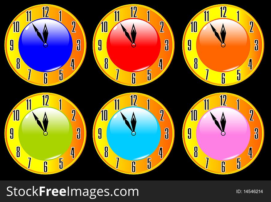 Color collection of clocks on a black background vector eps10. Color collection of clocks on a black background vector eps10