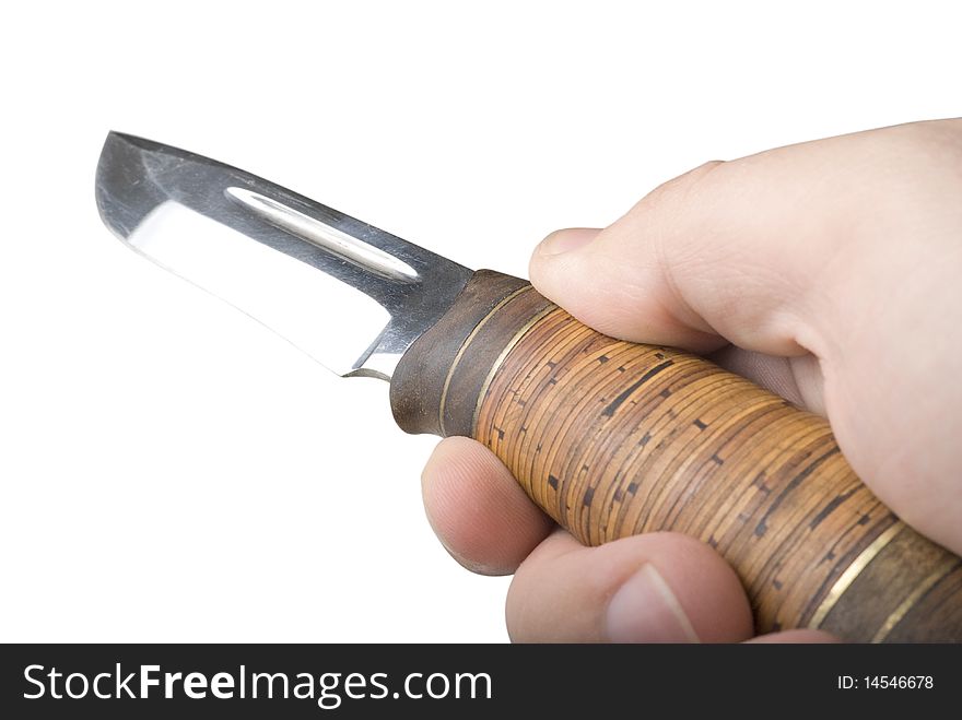 Hunters knife in man's hand. Isolated on white background. Hunters knife in man's hand. Isolated on white background.