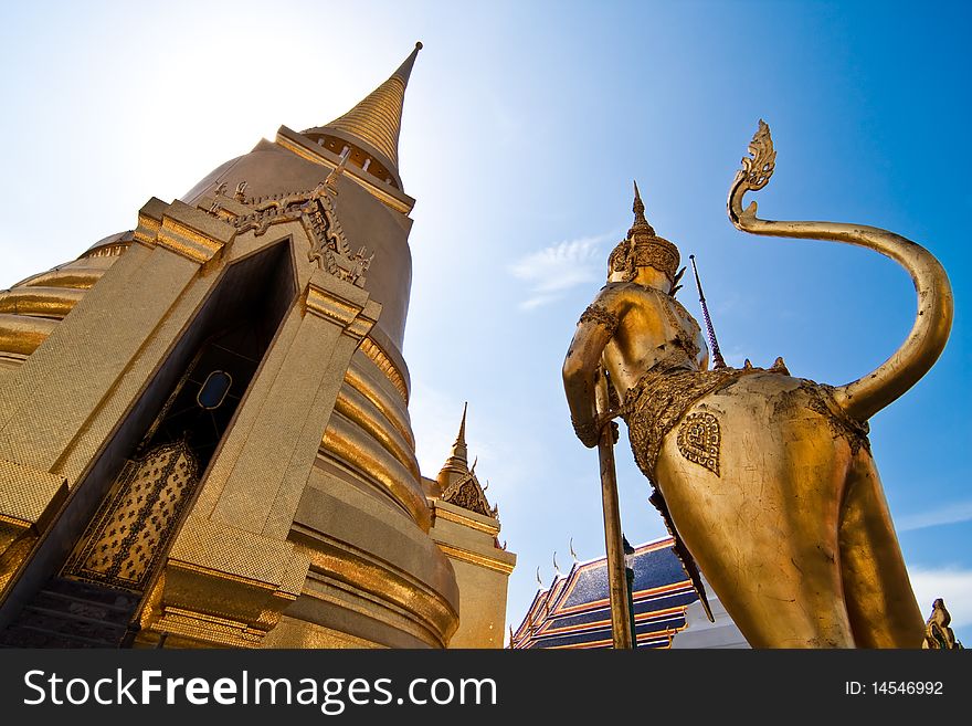 A Golden Stupa and Legend Monster in Wat Prhra Keaw. A Golden Stupa and Legend Monster in Wat Prhra Keaw