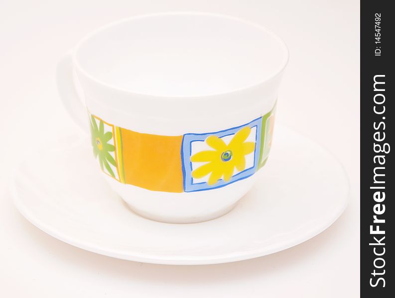 Empty tea cup saucer on white background