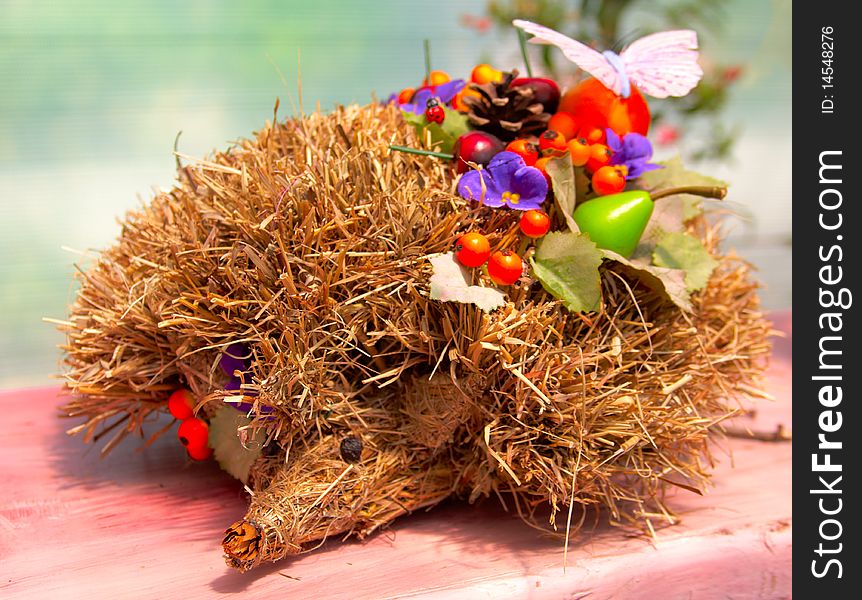 Hedgehog from straw with fruit and the butterfly