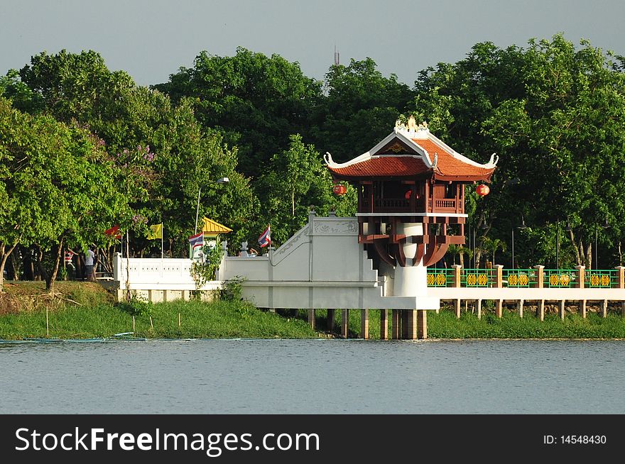 One pole shrine in lake, Vietnam art,Thailand.